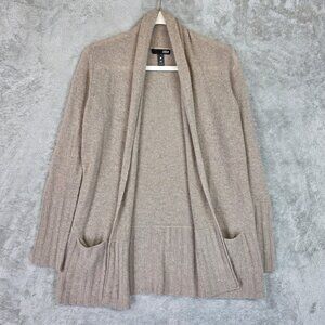 Aqua Cashmere Cardigan Sweater Womens XS Beige Open Front Longline Pockets